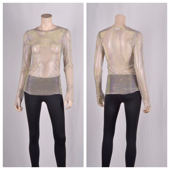 Free People Filter Finish Long Sleeve Embellished Mesh Top in Stone - Picture 3 of 6
